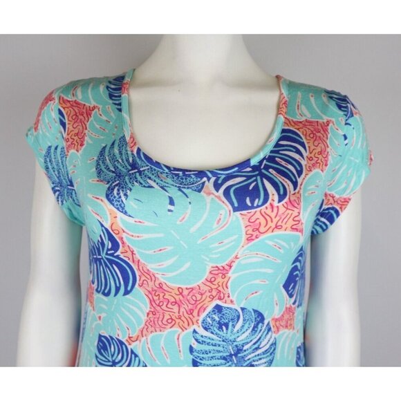 WOME'S LEAF PRINT SHORT SLEEVE TUNIC TOP - CASEY KEY - SIZE PM - STRETCH - Picture 2 of 9